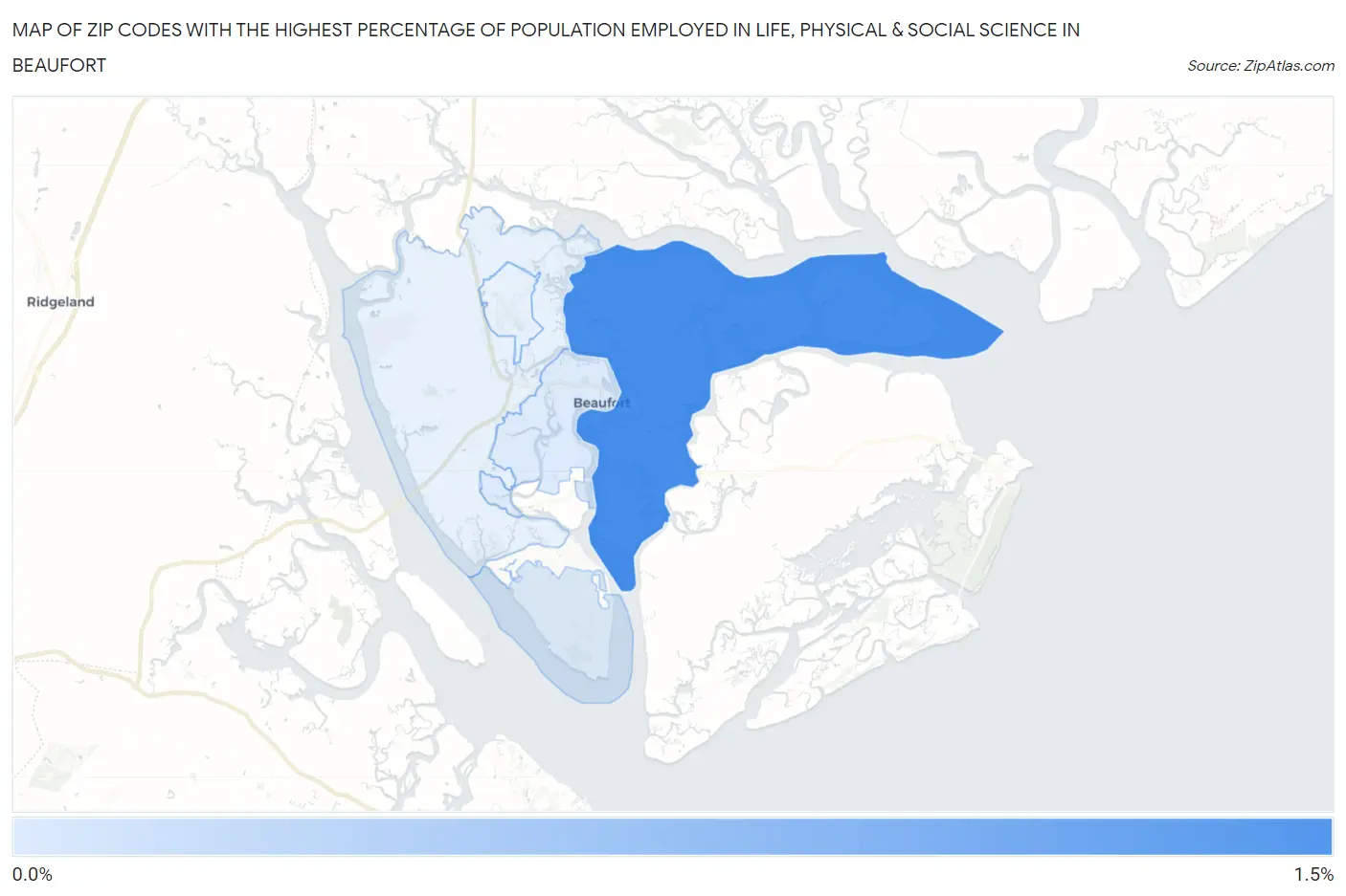 Zip Codes with the Highest Percentage of Population Employed in Life, Physical & Social Science in Beaufort Map