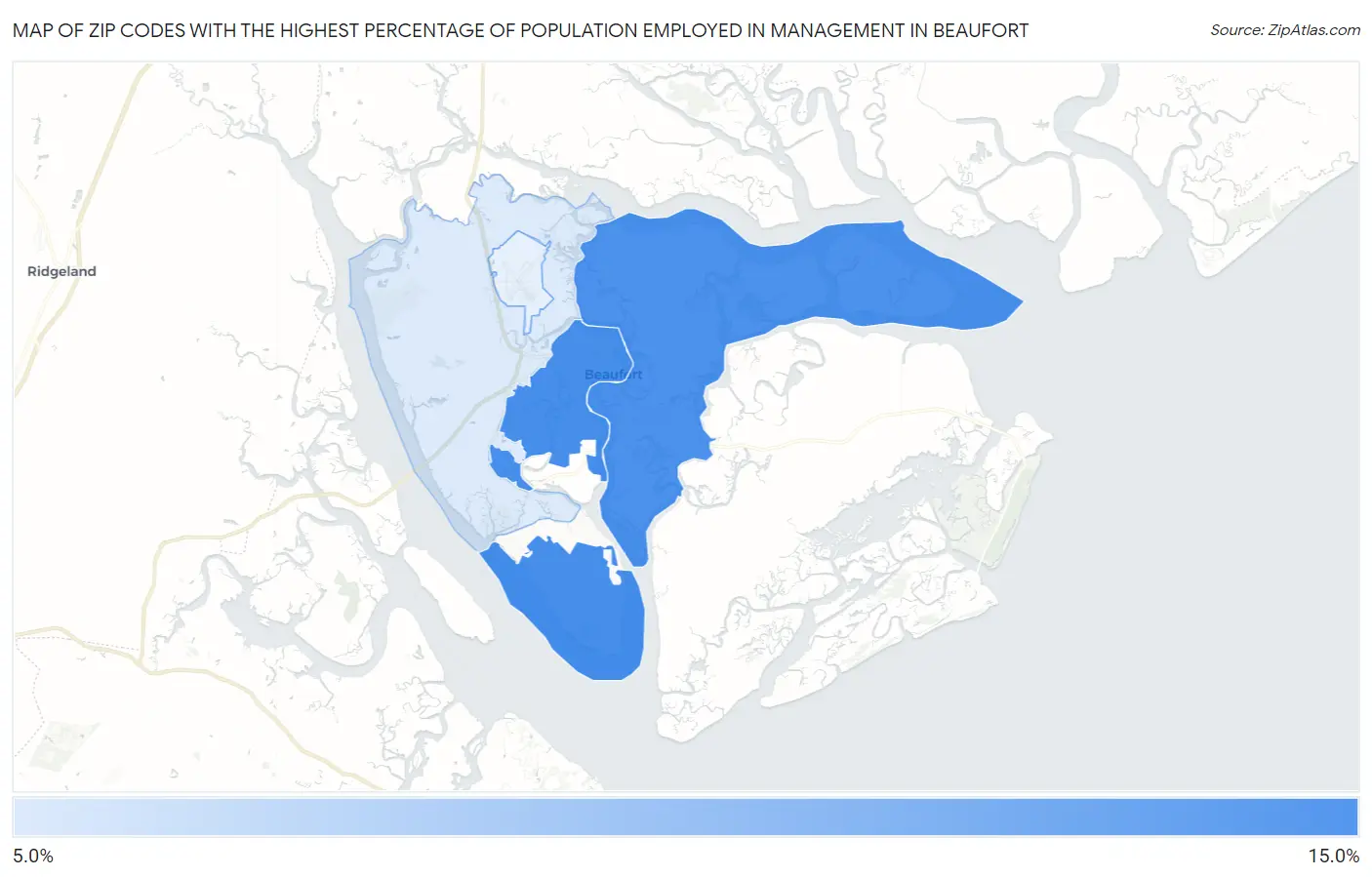 Zip Codes with the Highest Percentage of Population Employed in Management in Beaufort Map