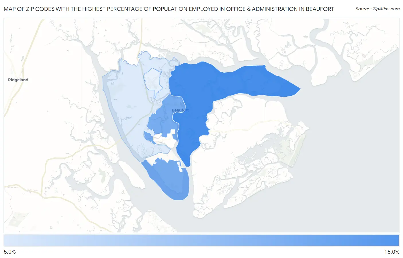 Zip Codes with the Highest Percentage of Population Employed in Office & Administration in Beaufort Map