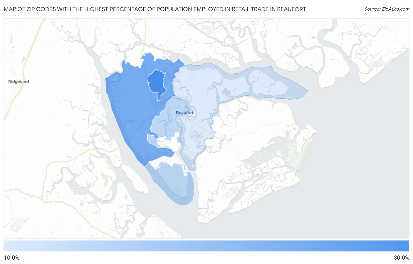 Zip Codes with the Highest Percentage of Population Employed in Retail Trade in Beaufort Map