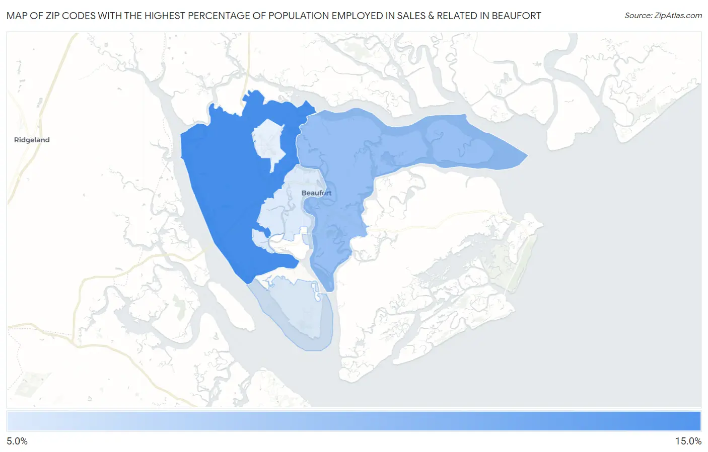 Zip Codes with the Highest Percentage of Population Employed in Sales & Related in Beaufort Map