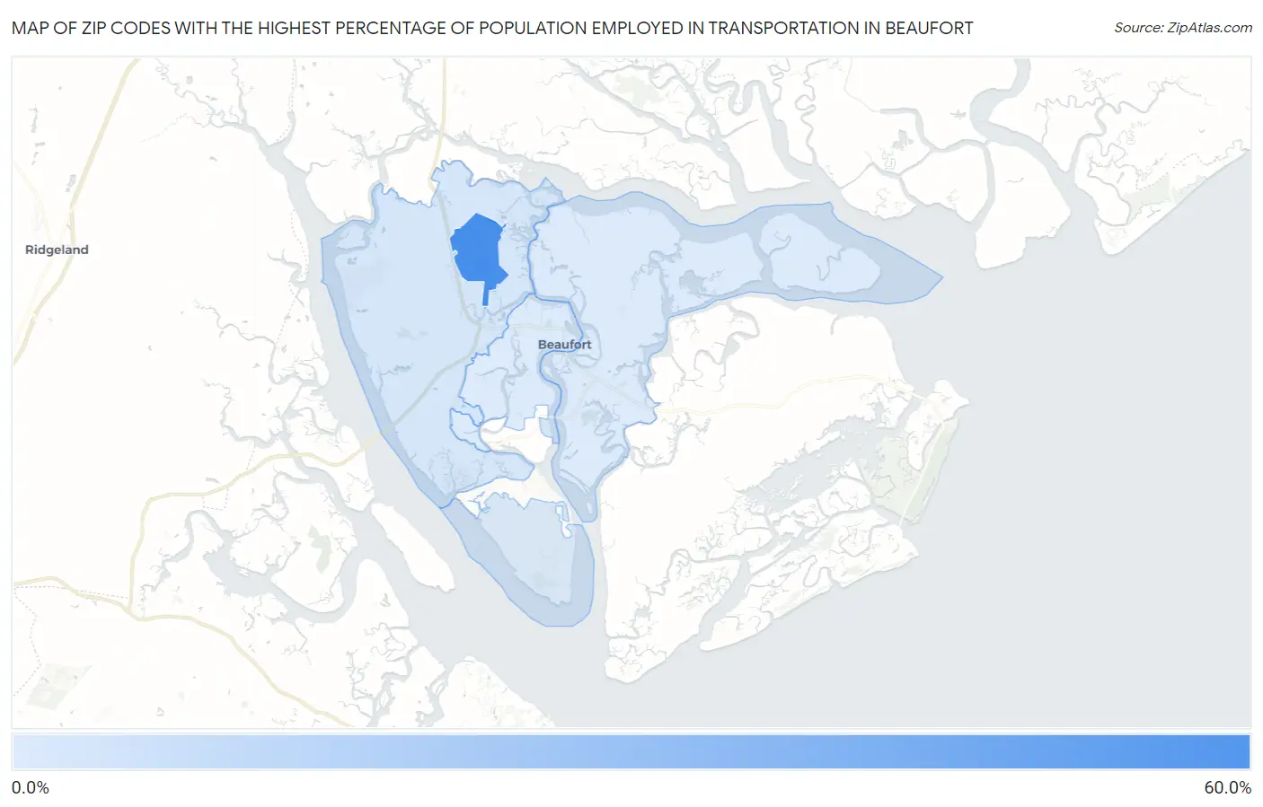 Zip Codes with the Highest Percentage of Population Employed in Transportation in Beaufort Map