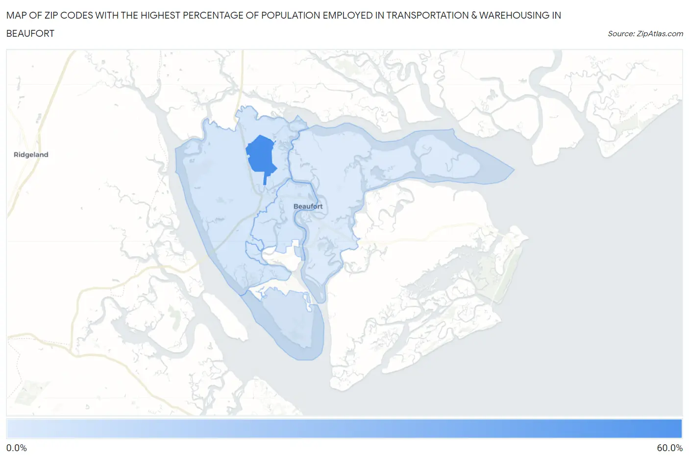 Zip Codes with the Highest Percentage of Population Employed in Transportation & Warehousing in Beaufort Map