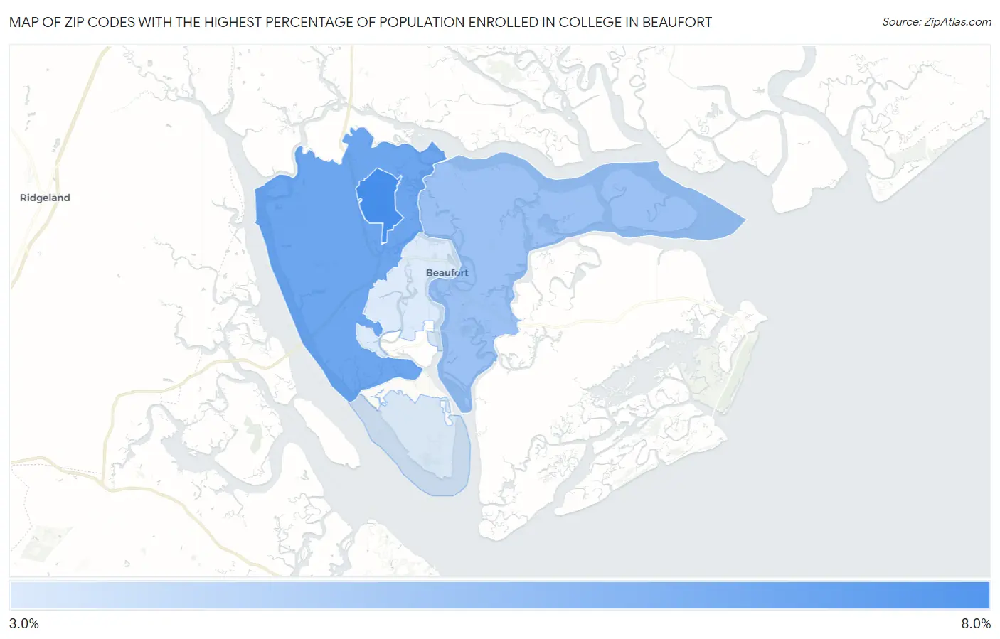 Zip Codes with the Highest Percentage of Population Enrolled in College in Beaufort Map