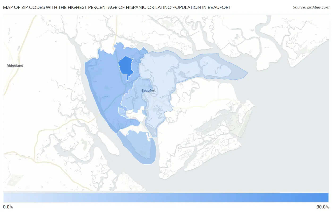 Zip Codes with the Highest Percentage of Hispanic or Latino Population in Beaufort Map