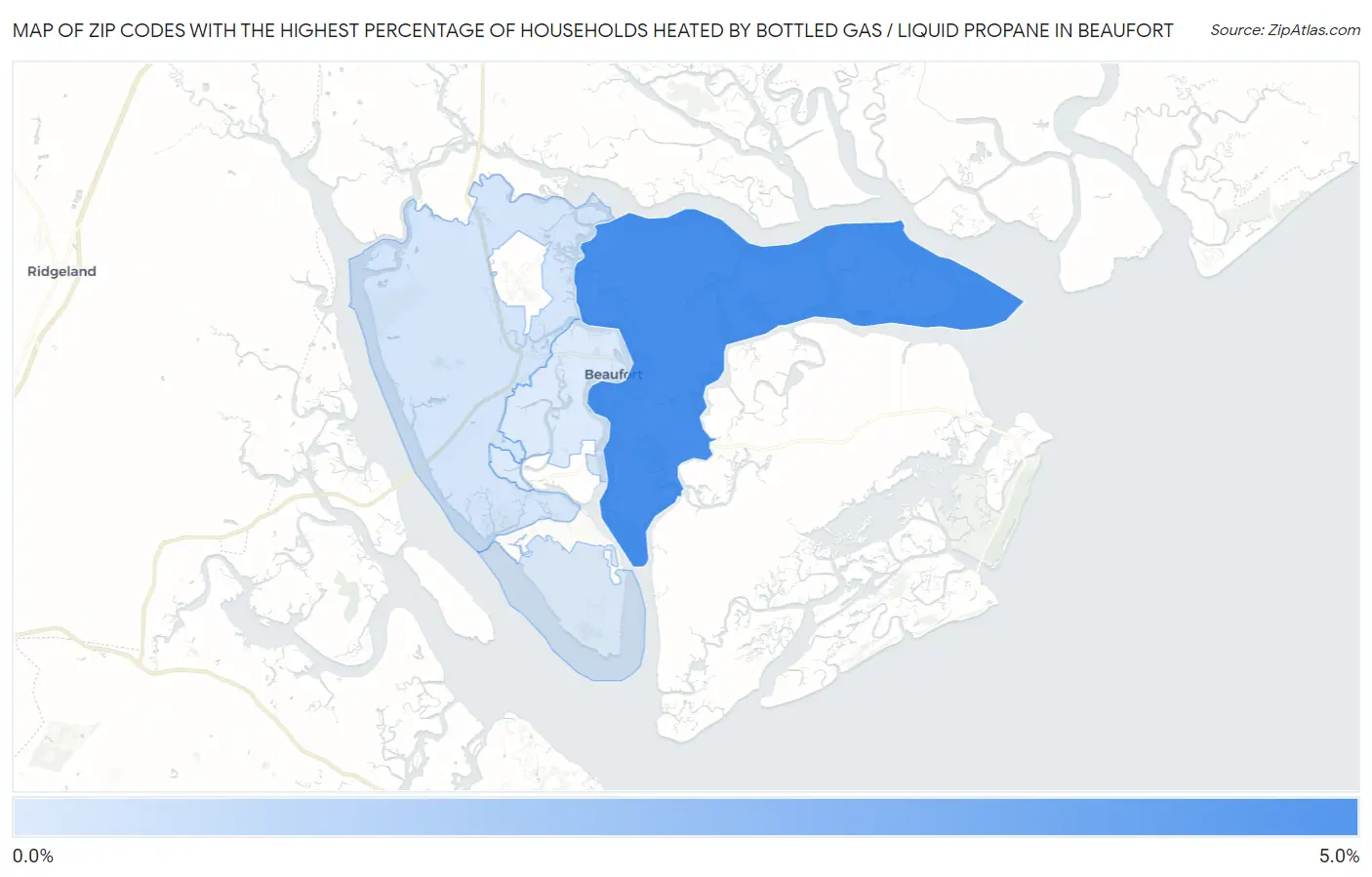 Zip Codes with the Highest Percentage of Households Heated by Bottled Gas / Liquid Propane in Beaufort Map