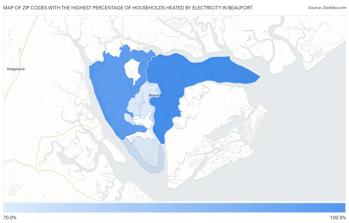Zip Codes with the Highest Percentage of Households Heated by Electricity in Beaufort Map