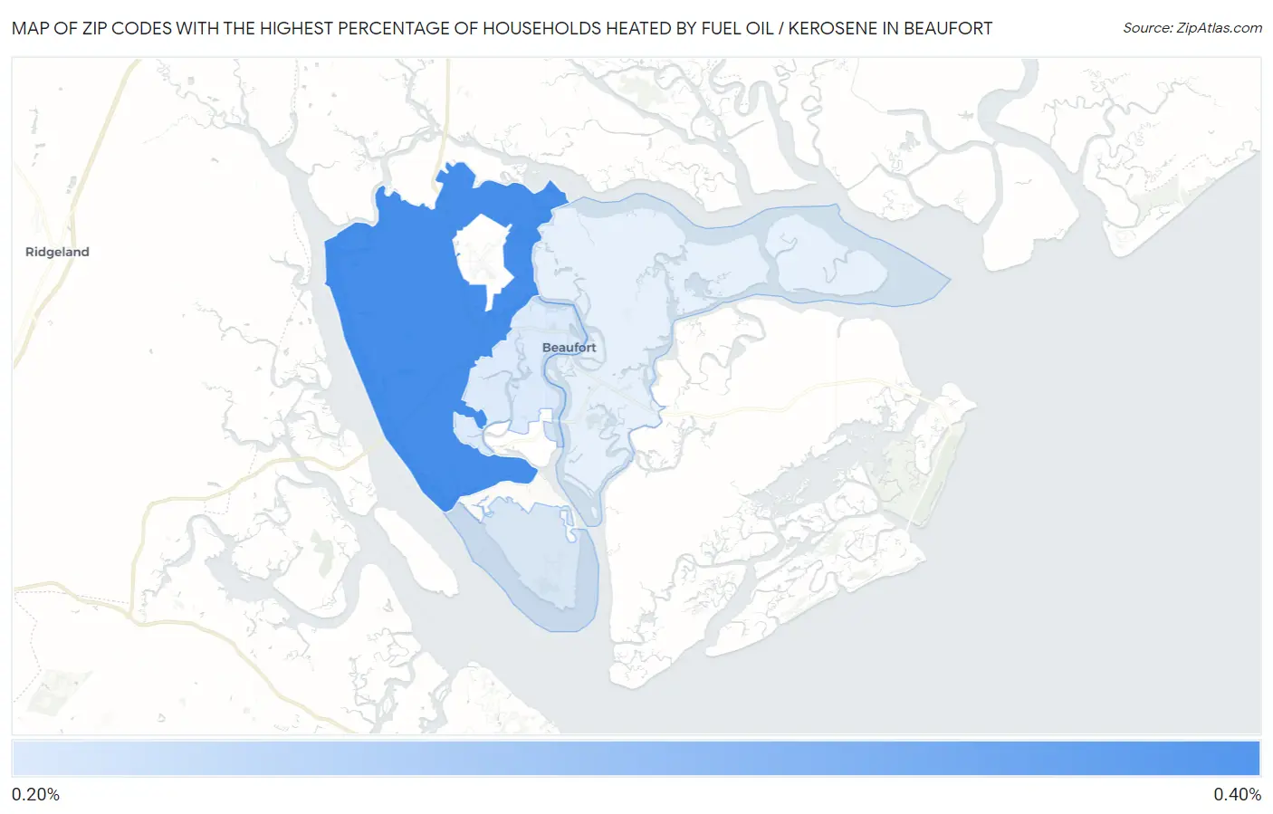 Zip Codes with the Highest Percentage of Households Heated by Fuel Oil / Kerosene in Beaufort Map