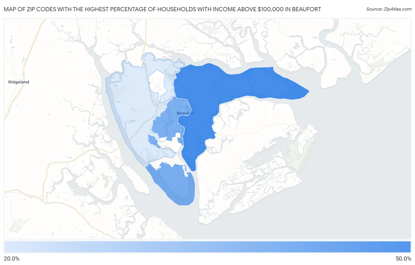 Zip Codes with the Highest Percentage of Households with Income Above $100,000 in Beaufort Map
