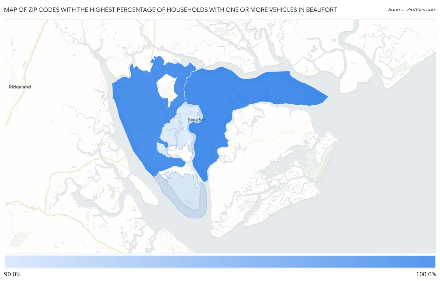 Zip Codes with the Highest Percentage of Households With One or more Vehicles in Beaufort Map