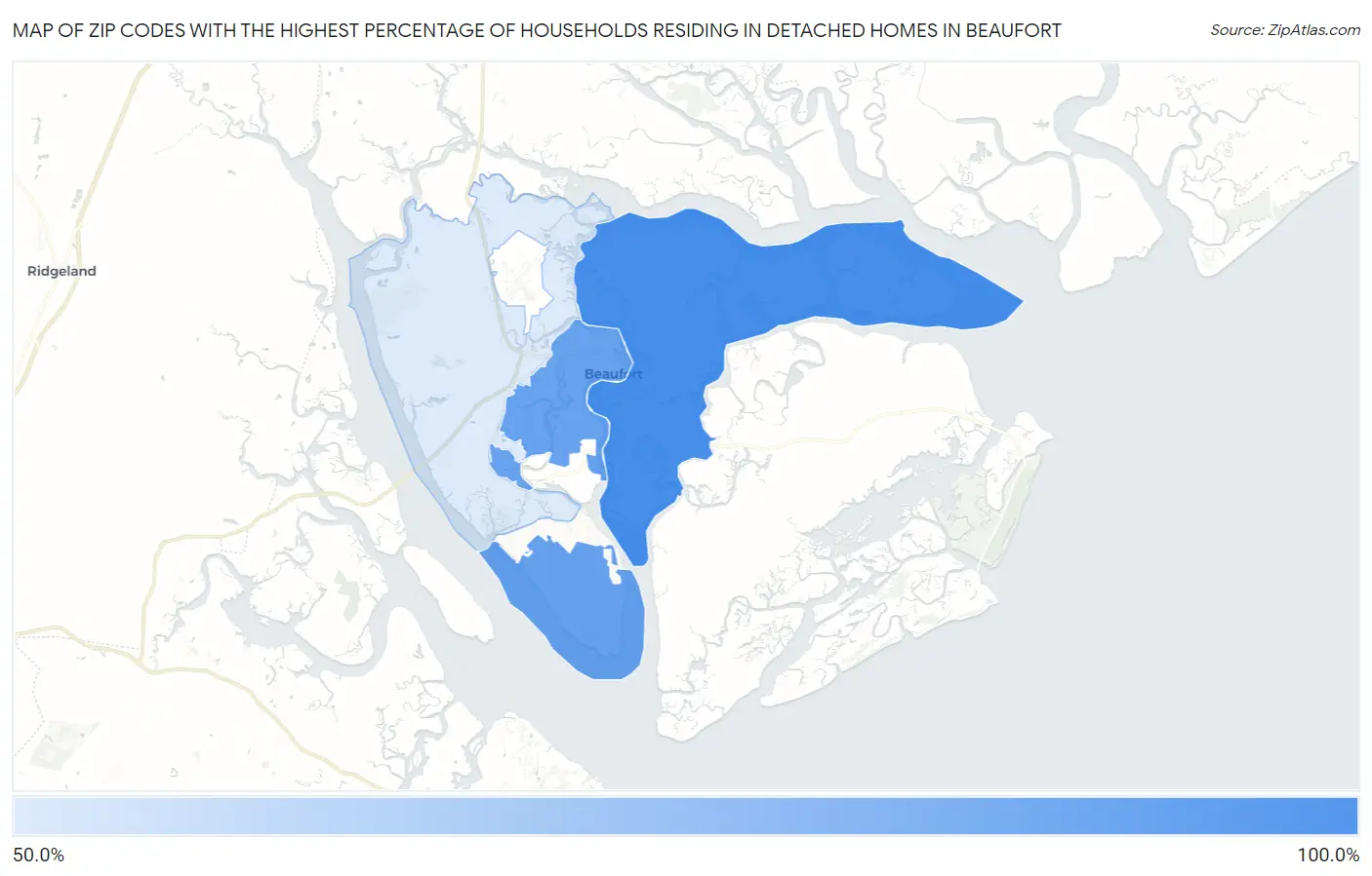 Zip Codes with the Highest Percentage of Households Residing in Detached Homes in Beaufort Map