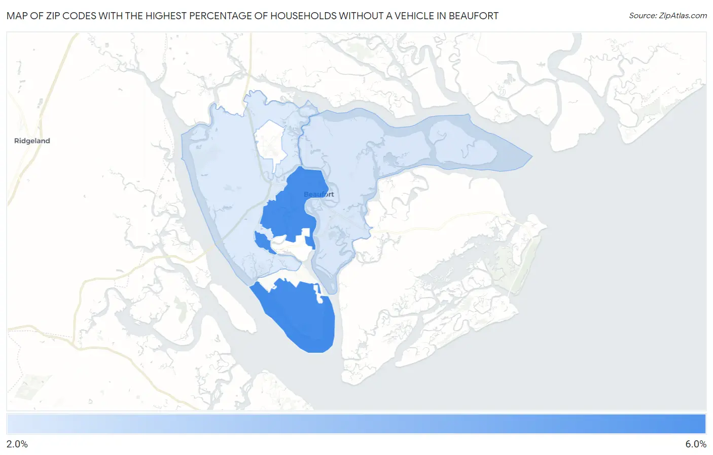Zip Codes with the Highest Percentage of Households Without a Vehicle in Beaufort Map