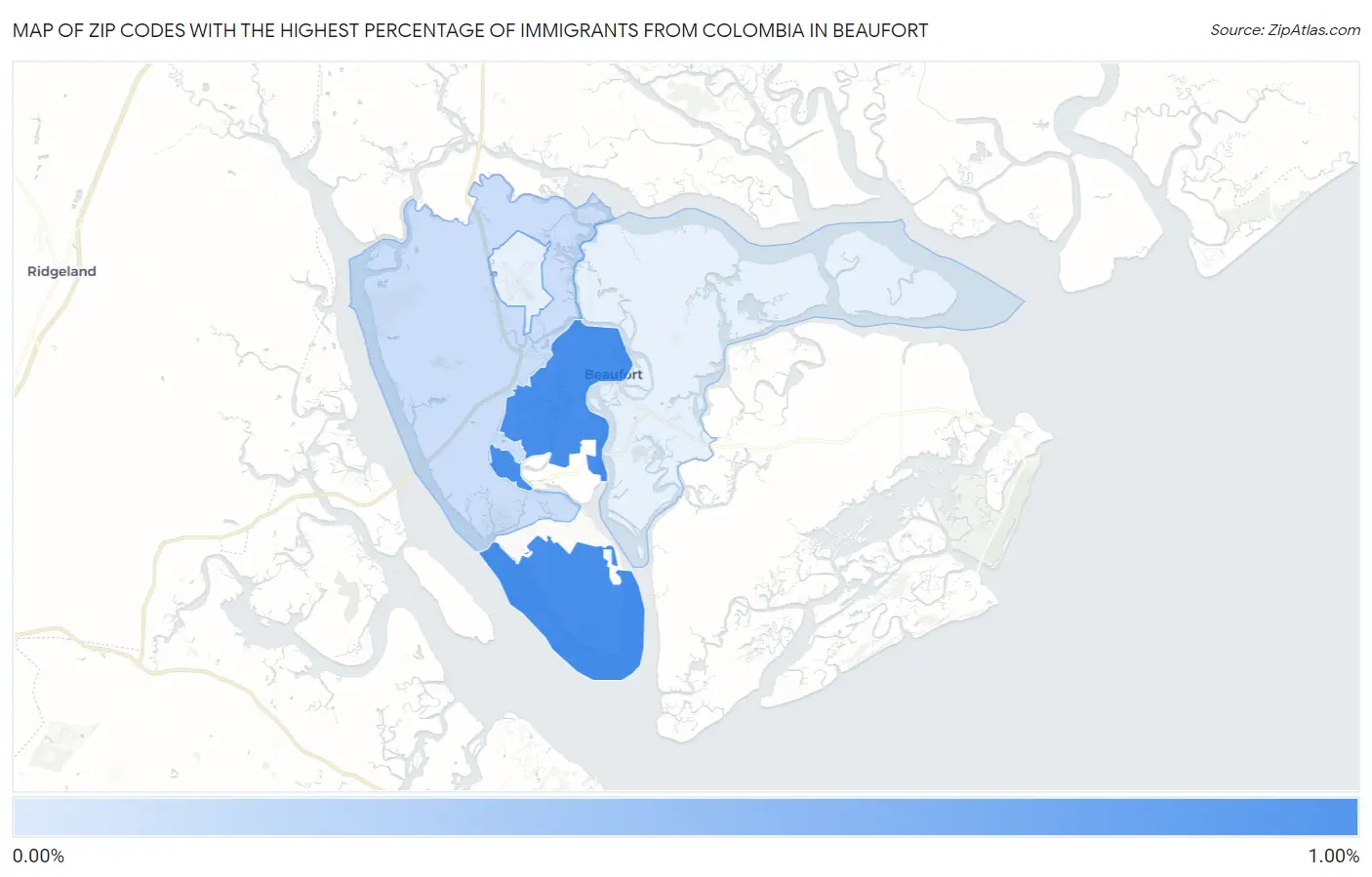 Zip Codes with the Highest Percentage of Immigrants from Colombia in Beaufort Map