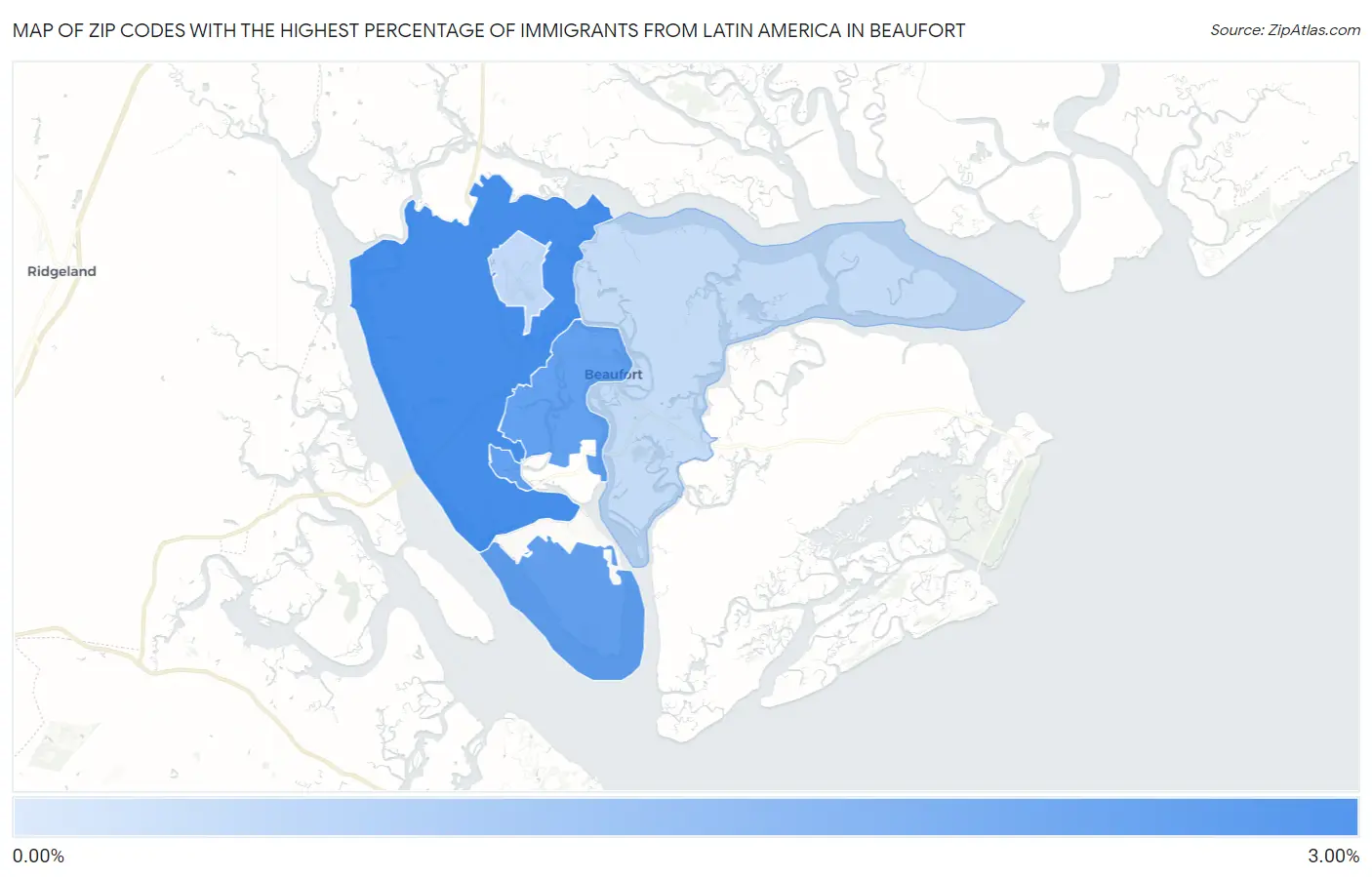 Zip Codes with the Highest Percentage of Immigrants from Latin America in Beaufort Map