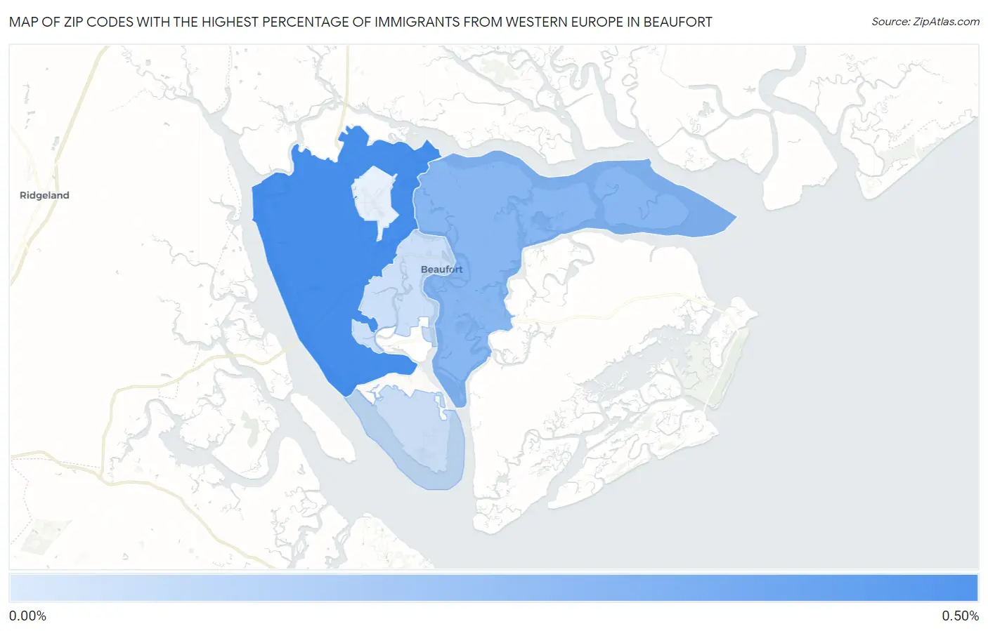 Zip Codes with the Highest Percentage of Immigrants from Western Europe in Beaufort Map