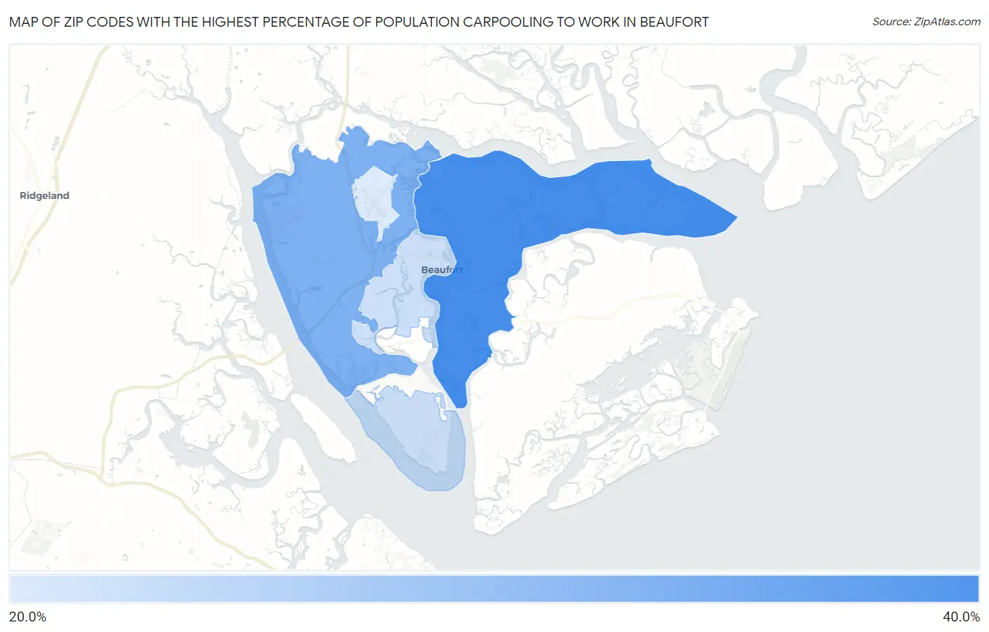 Zip Codes with the Highest Percentage of Population Carpooling to Work in Beaufort Map