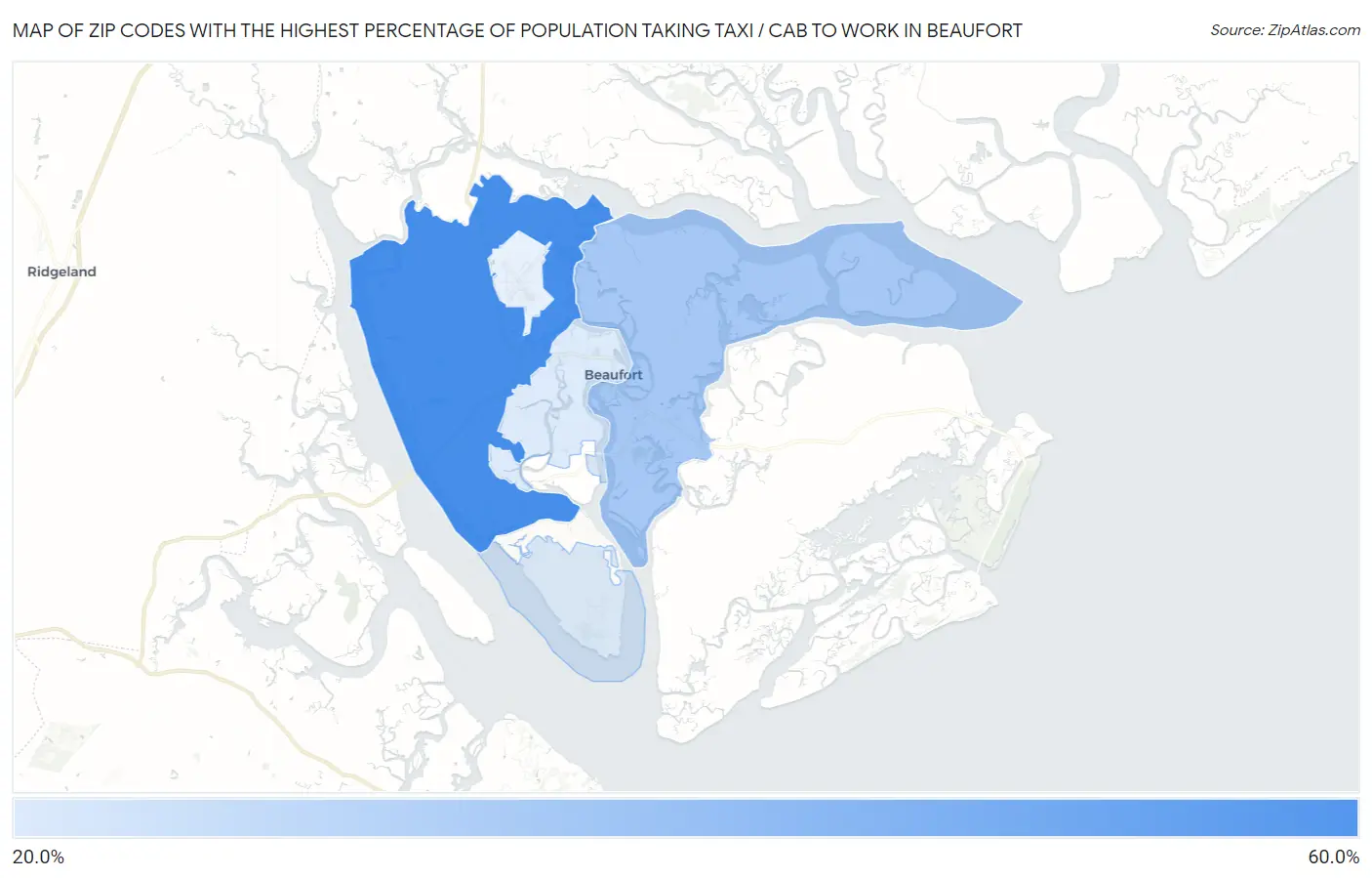 Zip Codes with the Highest Percentage of Population Taking Taxi / Cab to Work in Beaufort Map