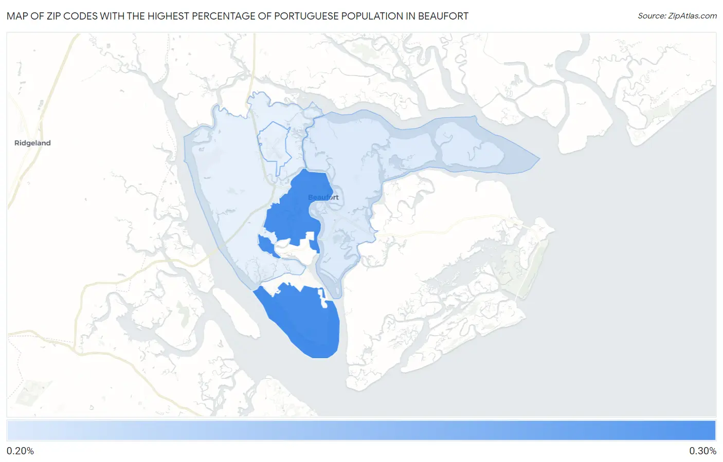 Zip Codes with the Highest Percentage of Portuguese Population in Beaufort Map