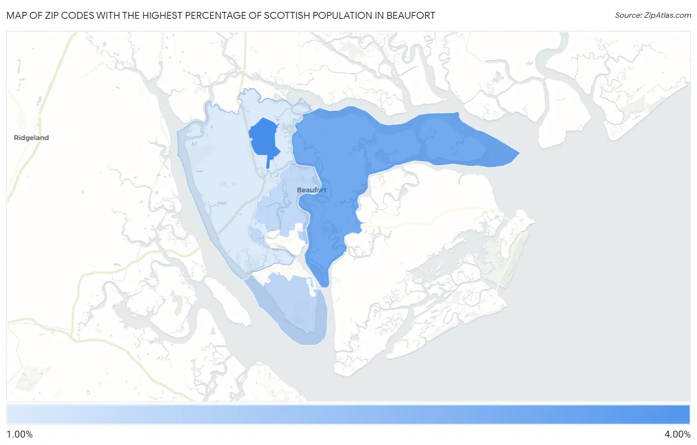 Zip Codes with the Highest Percentage of Scottish Population in Beaufort Map
