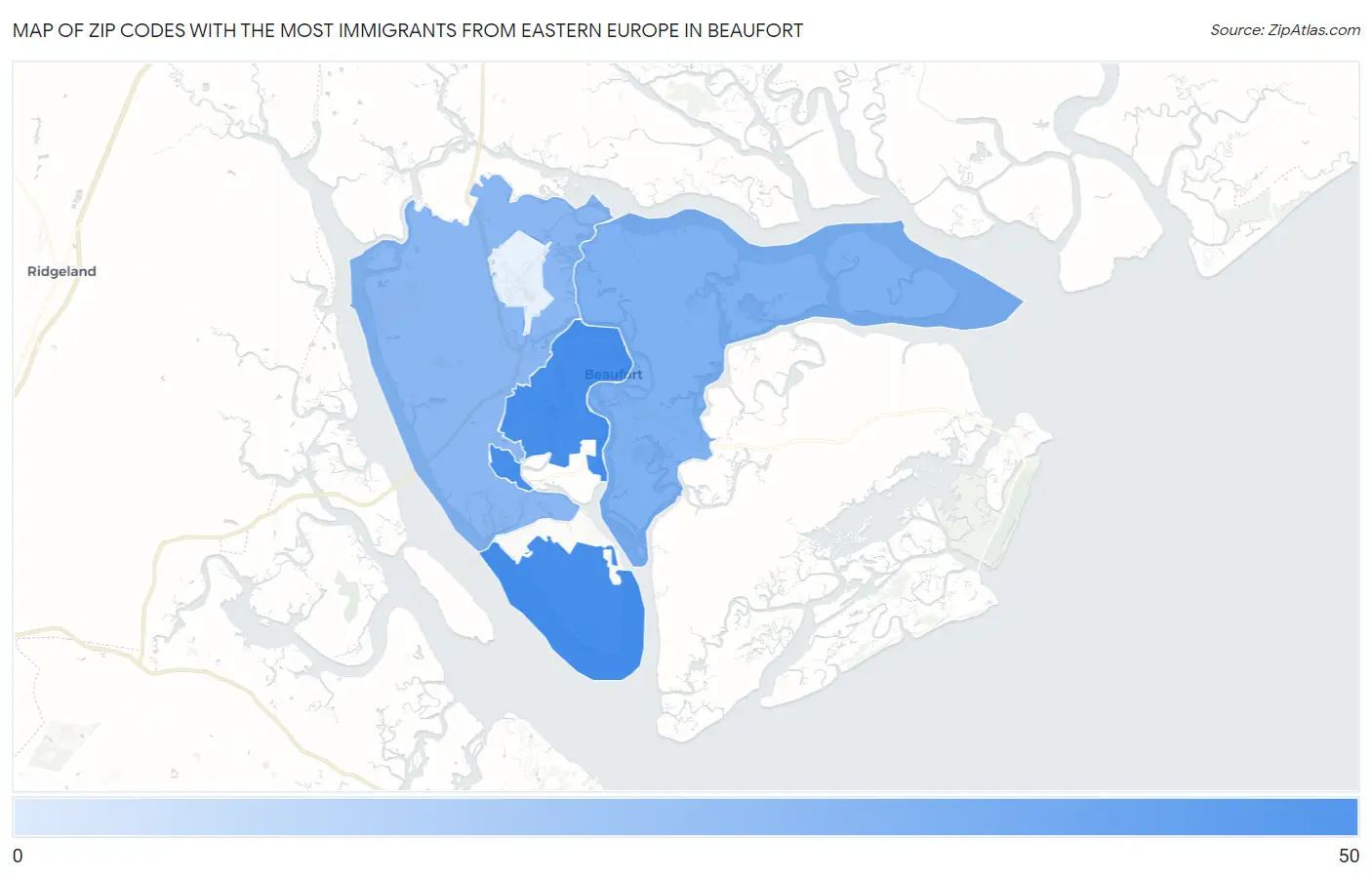 Zip Codes with the Most Immigrants from Eastern Europe in Beaufort Map