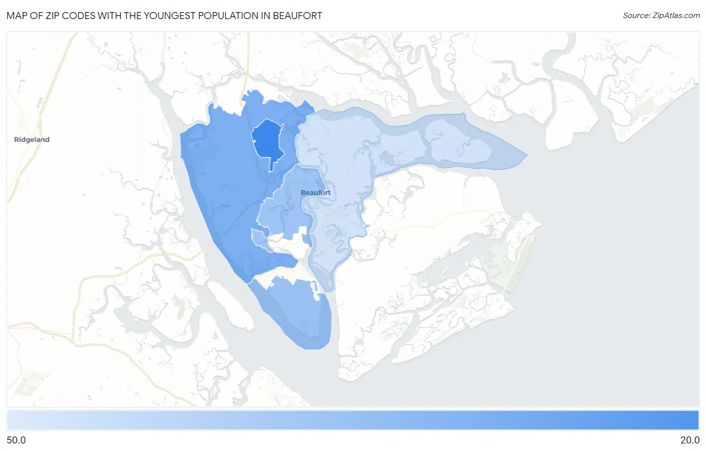 Zip Codes with the Youngest Population in Beaufort Map