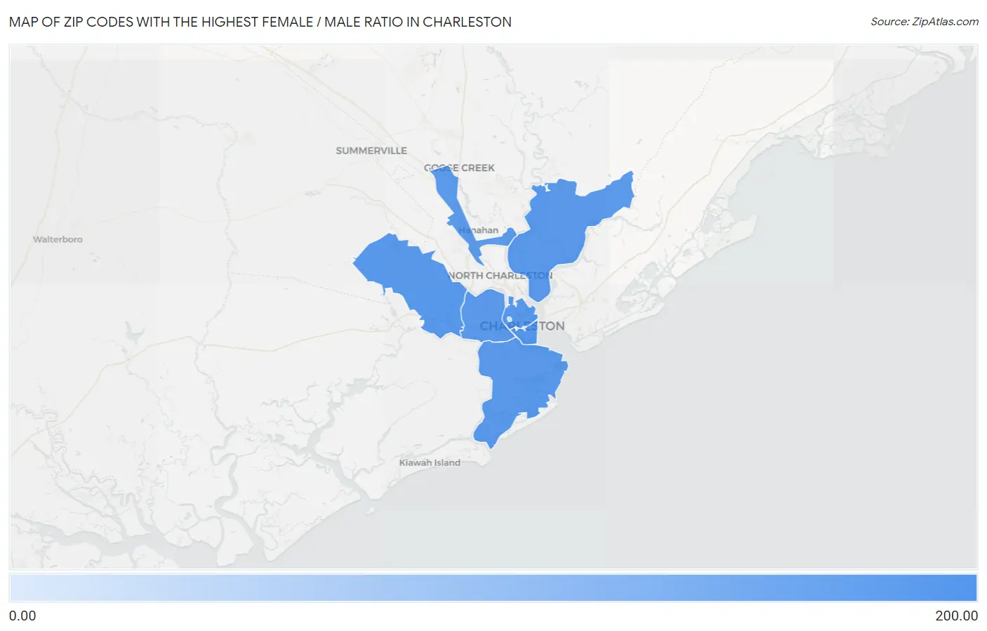 Zip Codes with the Highest Female / Male Ratio in Charleston Map