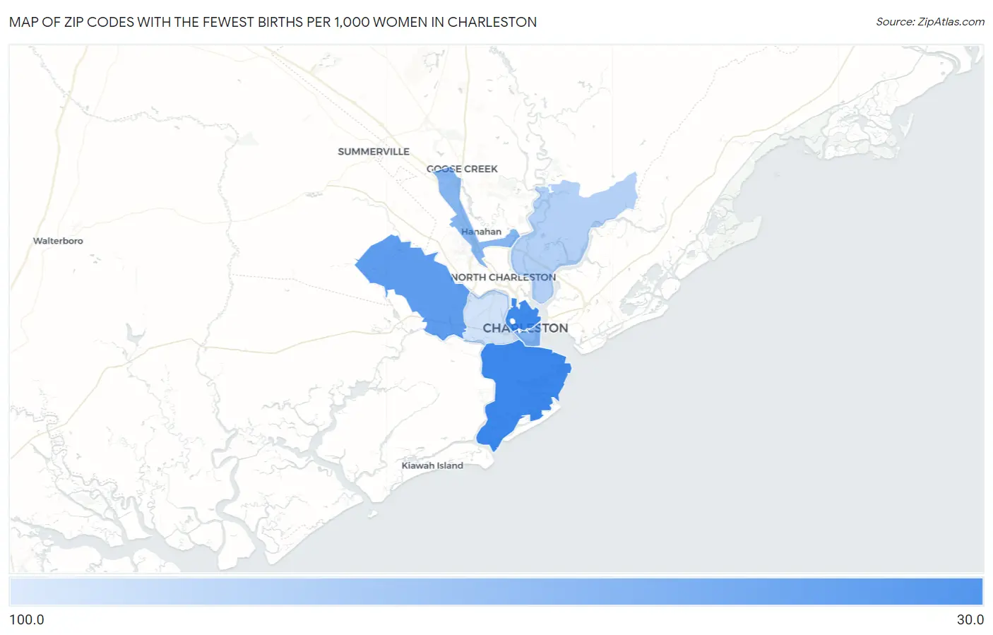 Zip Codes with the Fewest Births per 1,000 Women in Charleston Map