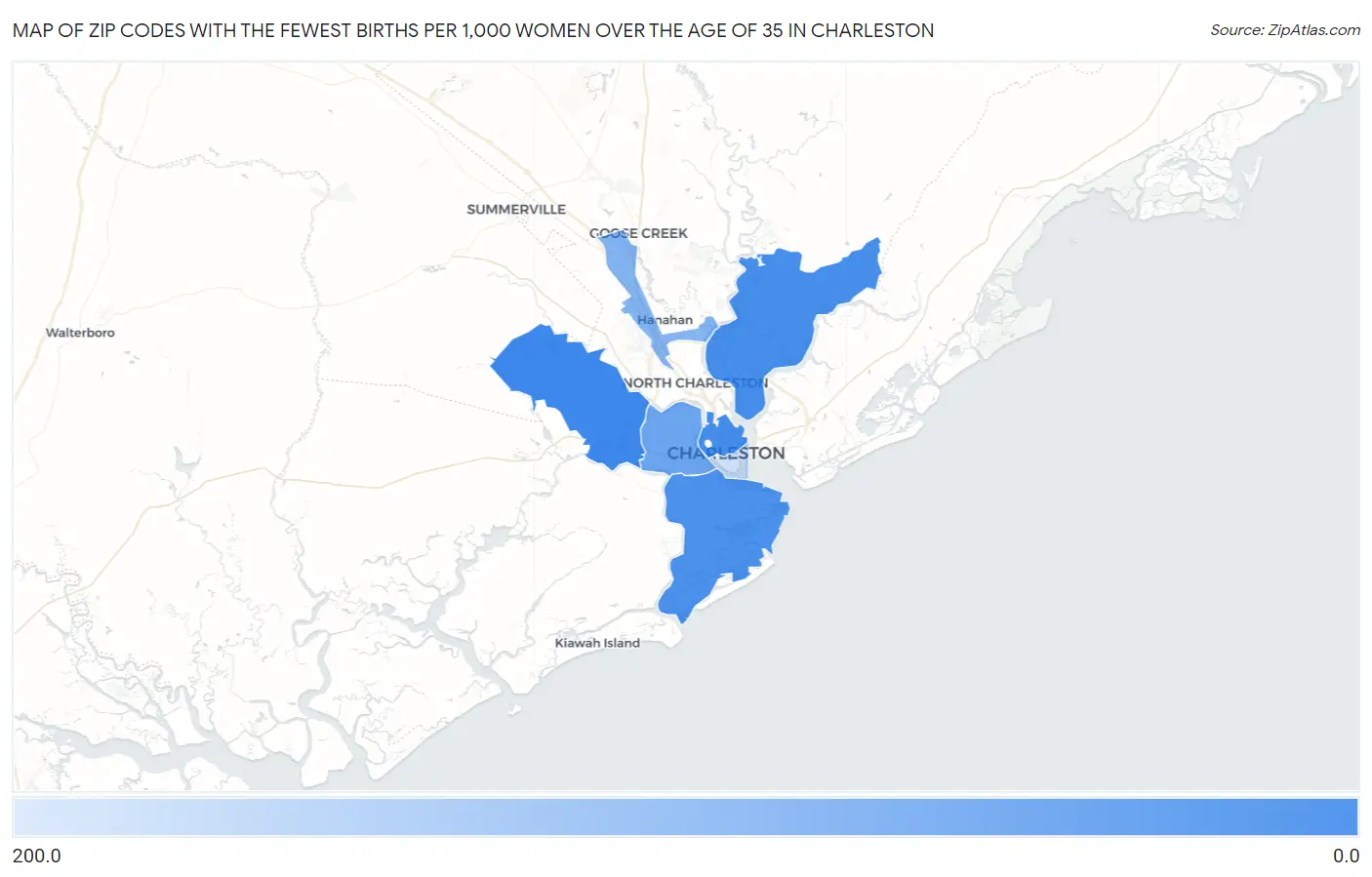 Zip Codes with the Fewest Births per 1,000 Women Over the Age of 35 in Charleston Map