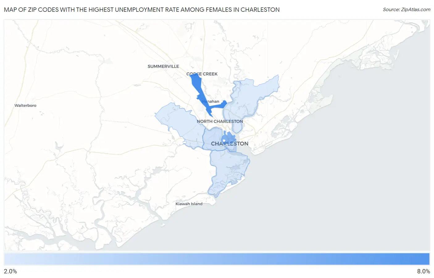 Zip Codes with the Highest Unemployment Rate Among Females in Charleston Map