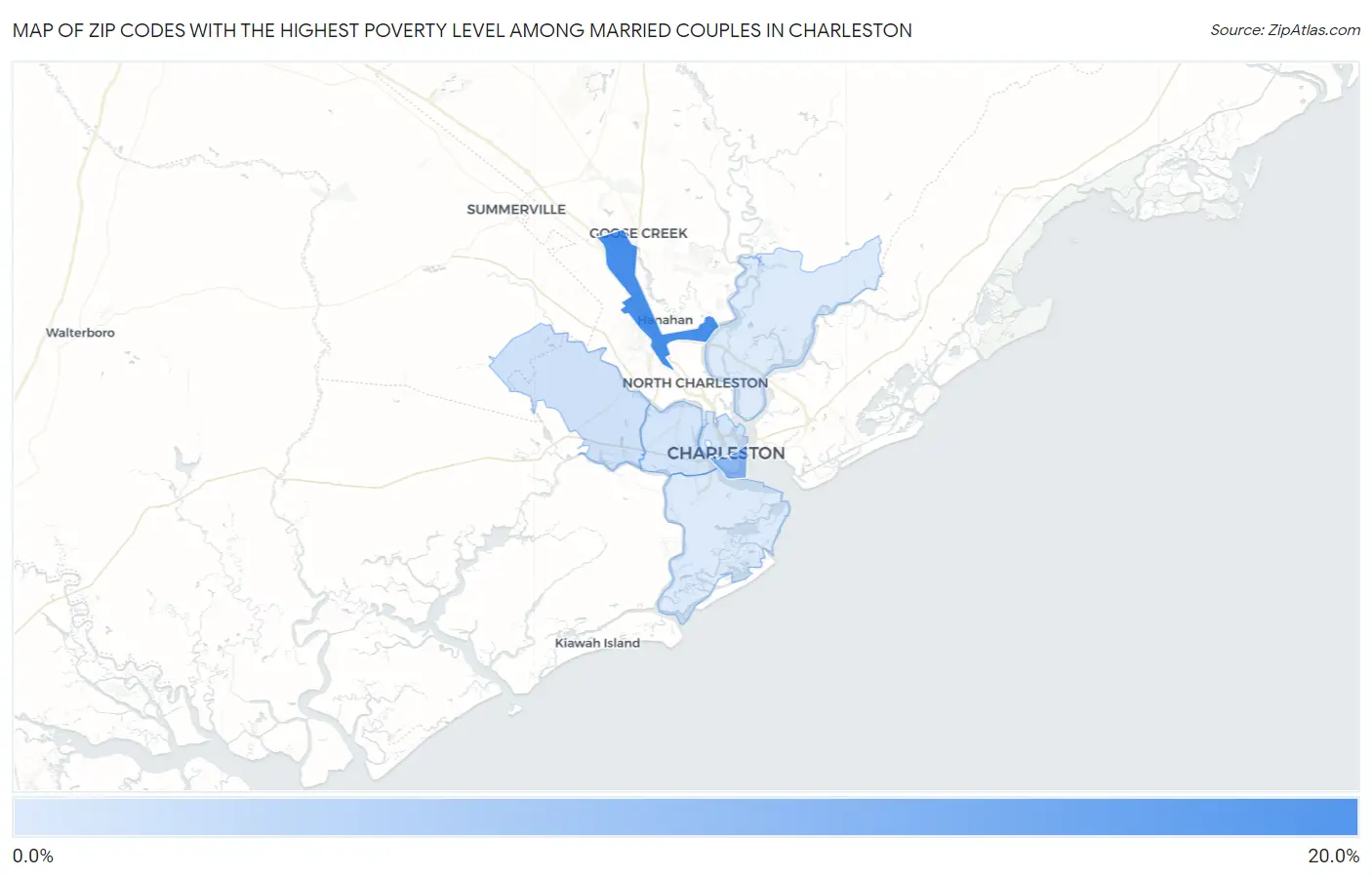 Zip Codes with the Highest Poverty Level Among Married Couples in Charleston Map
