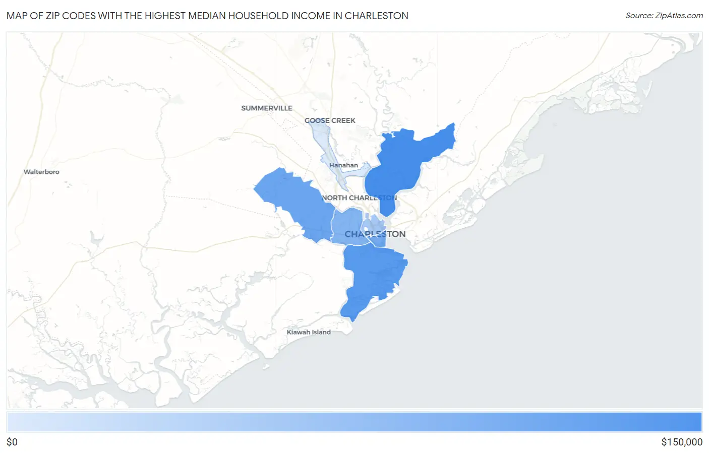 Zip Codes with the Highest Median Household Income in Charleston Map