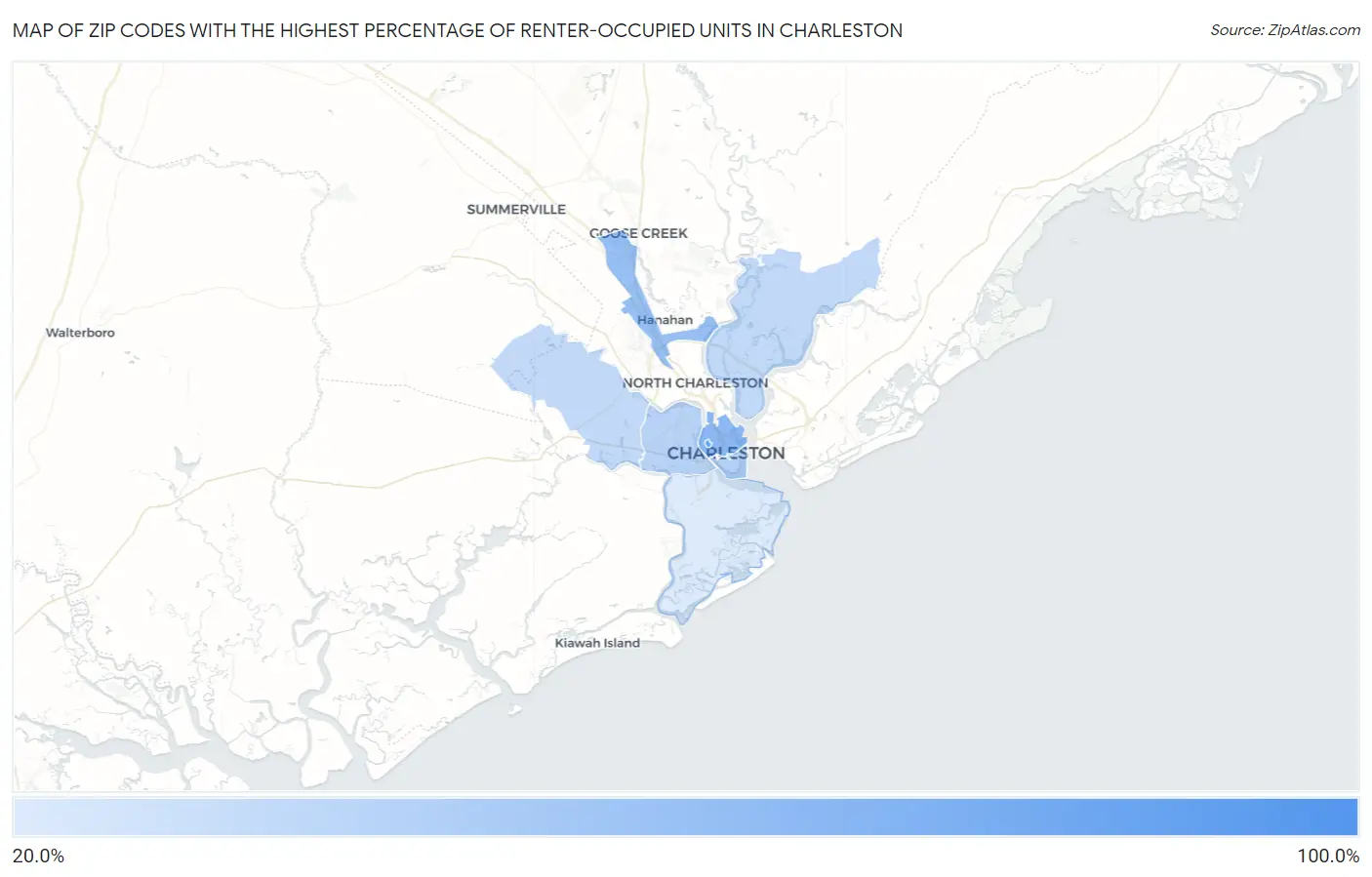 Zip Codes with the Highest Percentage of Renter-Occupied Units in Charleston Map