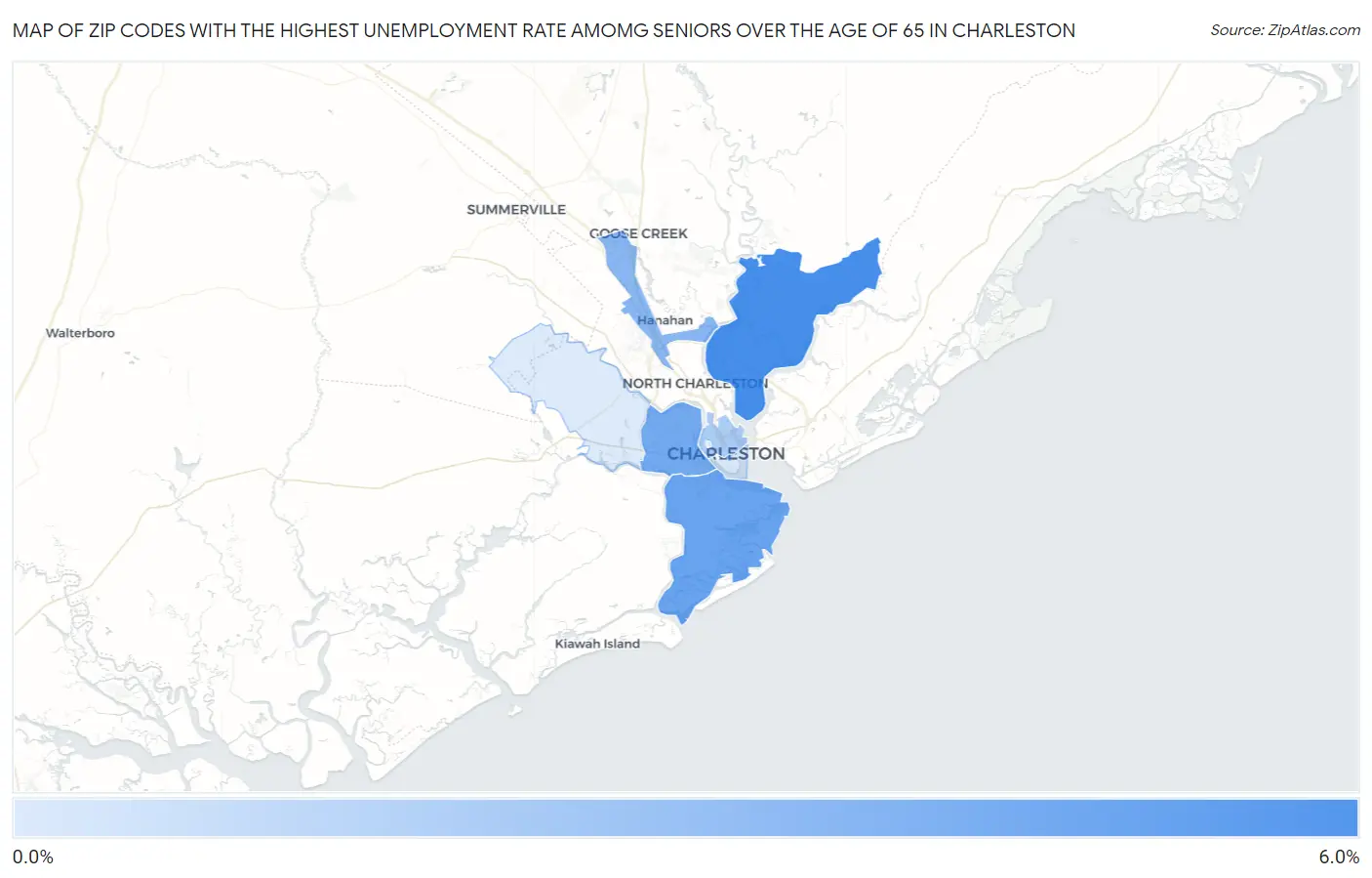 Zip Codes with the Highest Unemployment Rate Amomg Seniors Over the Age of 65 in Charleston Map