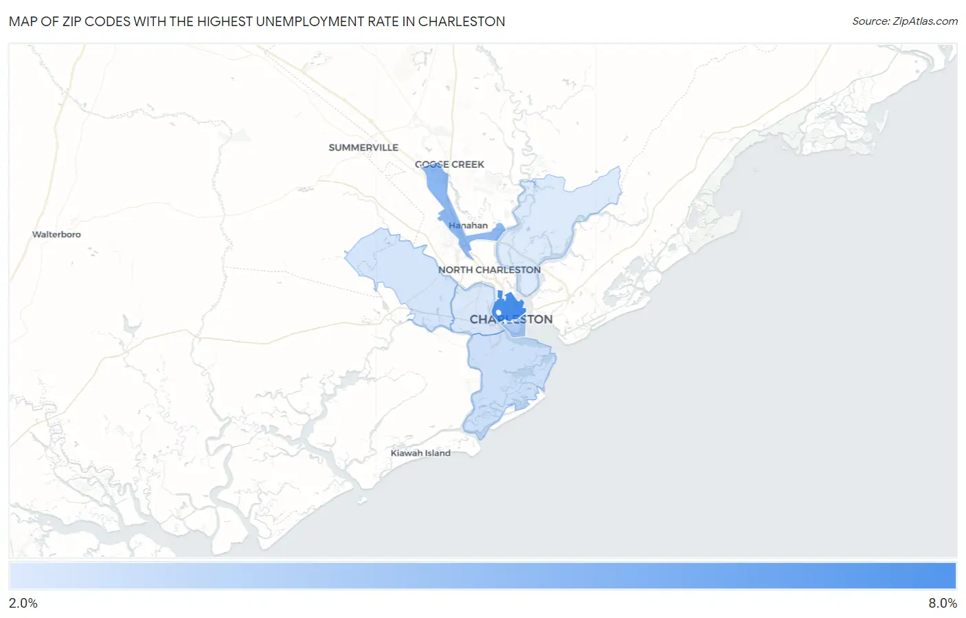 Zip Codes with the Highest Unemployment Rate in Charleston Map