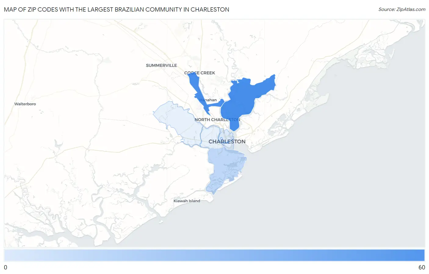 Zip Codes with the Largest Brazilian Community in Charleston Map