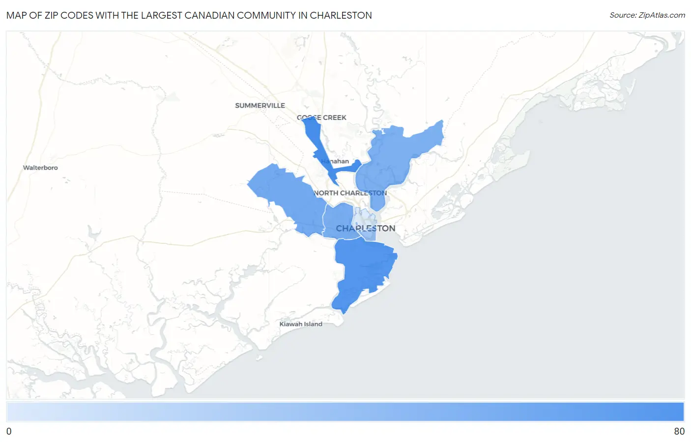 Zip Codes with the Largest Canadian Community in Charleston Map