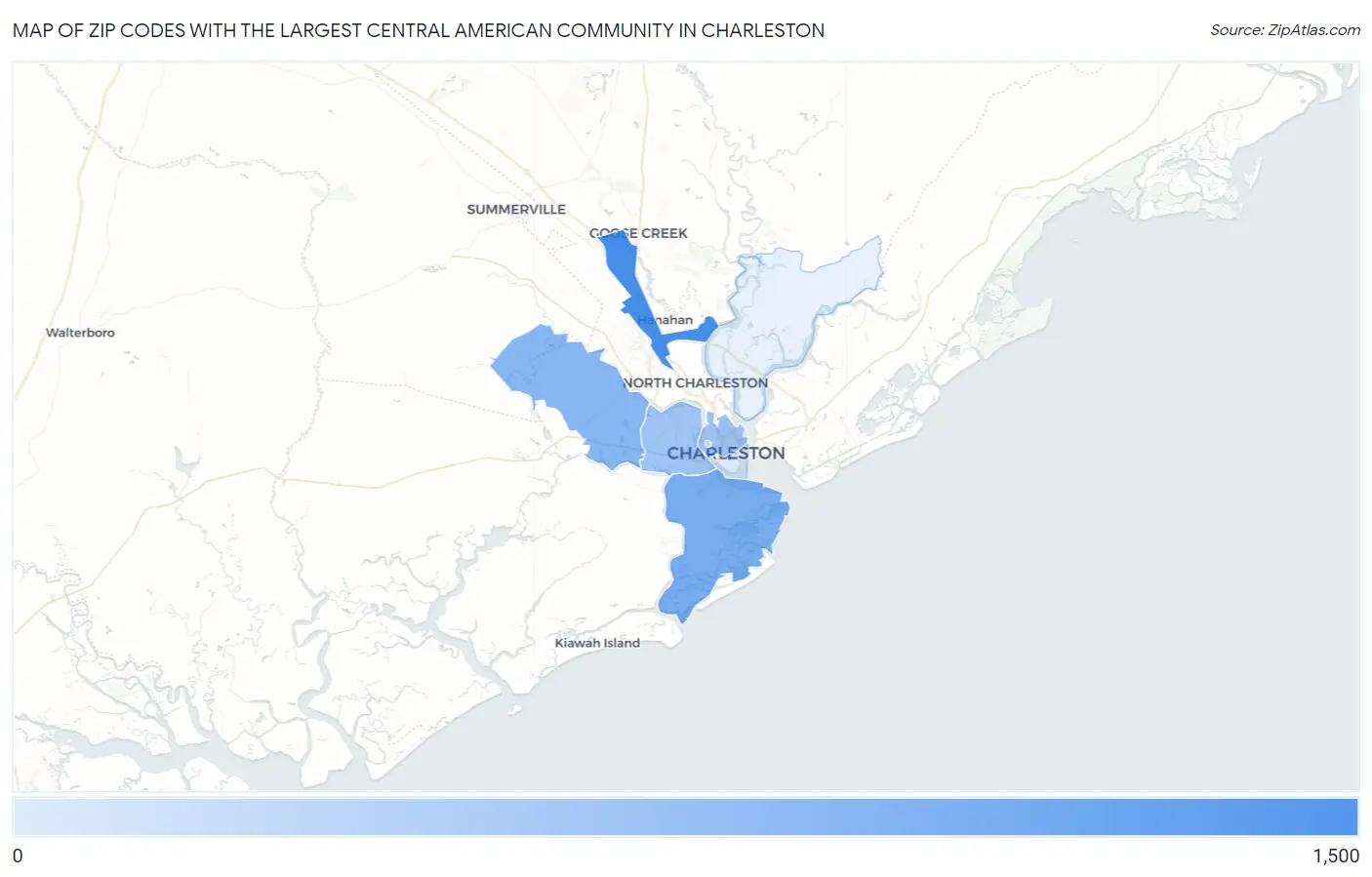 Zip Codes with the Largest Central American Community in Charleston Map
