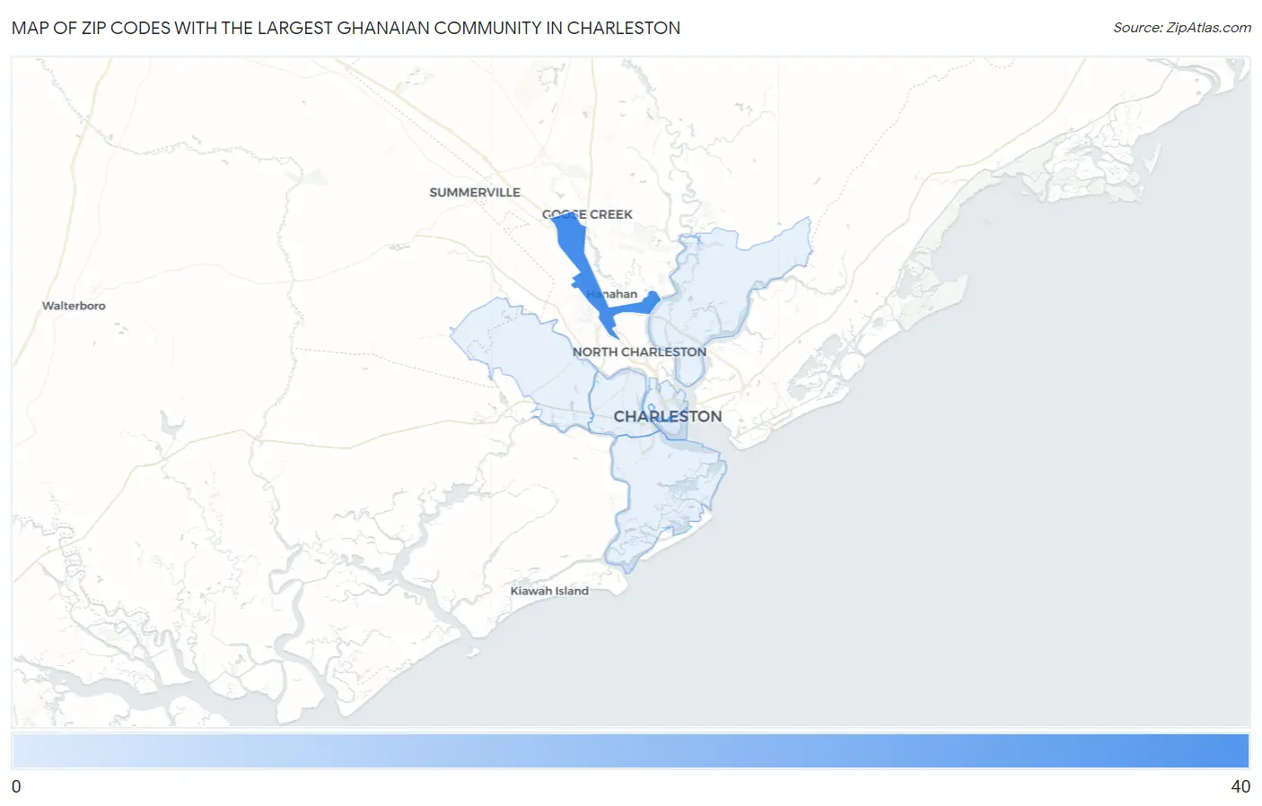 Zip Codes with the Largest Ghanaian Community in Charleston Map