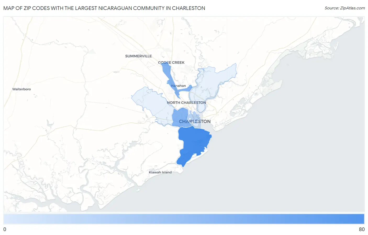 Zip Codes with the Largest Nicaraguan Community in Charleston Map