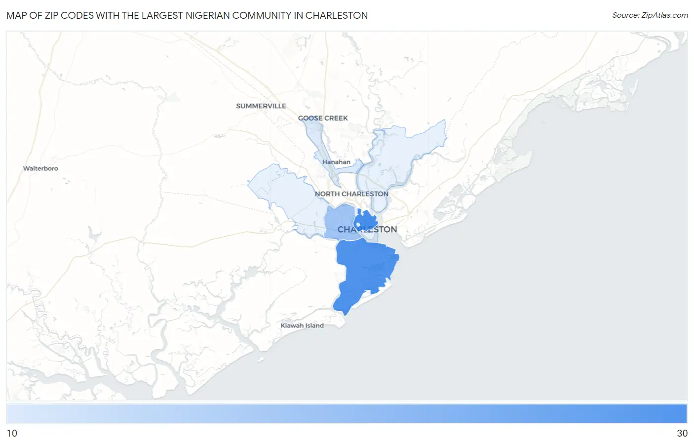Zip Codes with the Largest Nigerian Community in Charleston Map