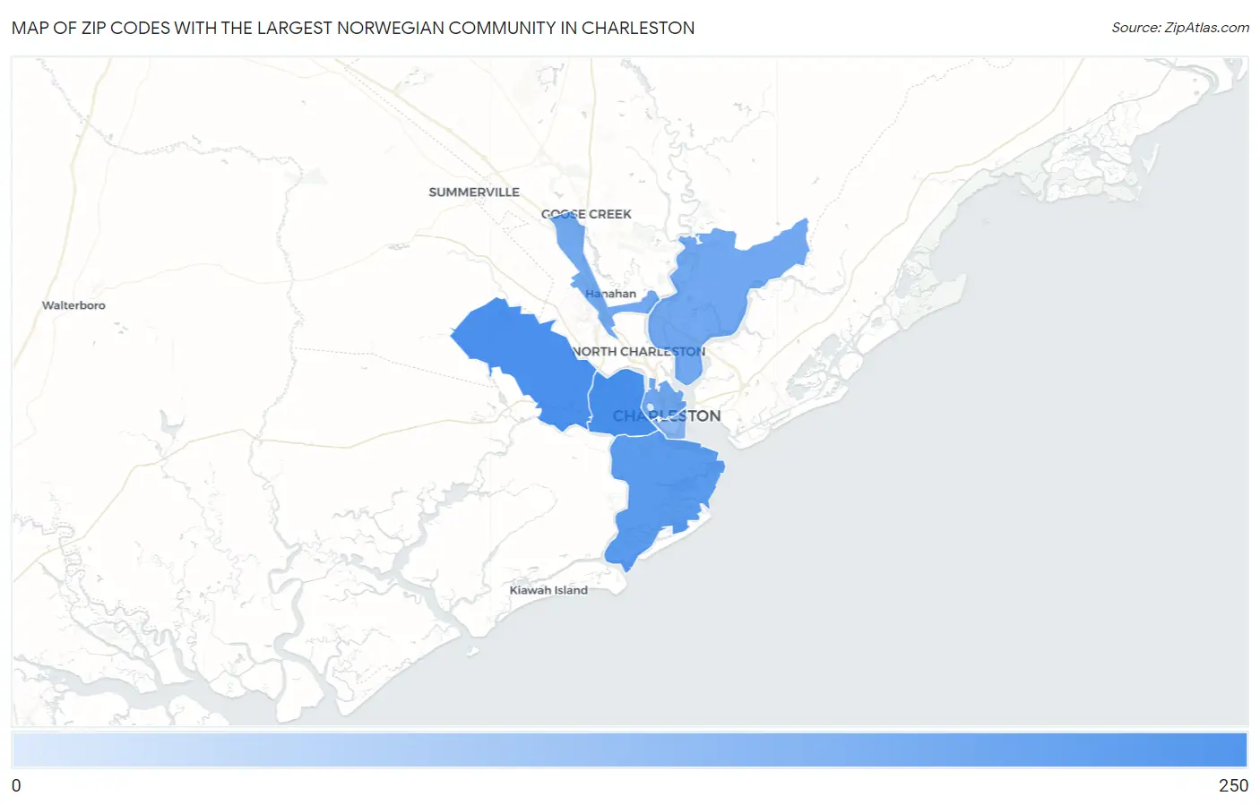 Zip Codes with the Largest Norwegian Community in Charleston Map