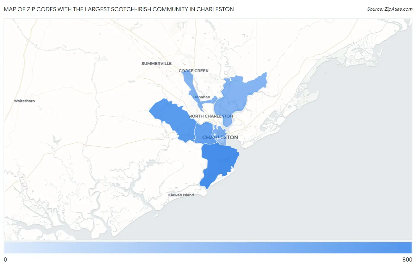 Zip Codes with the Largest Scotch-Irish Community in Charleston Map