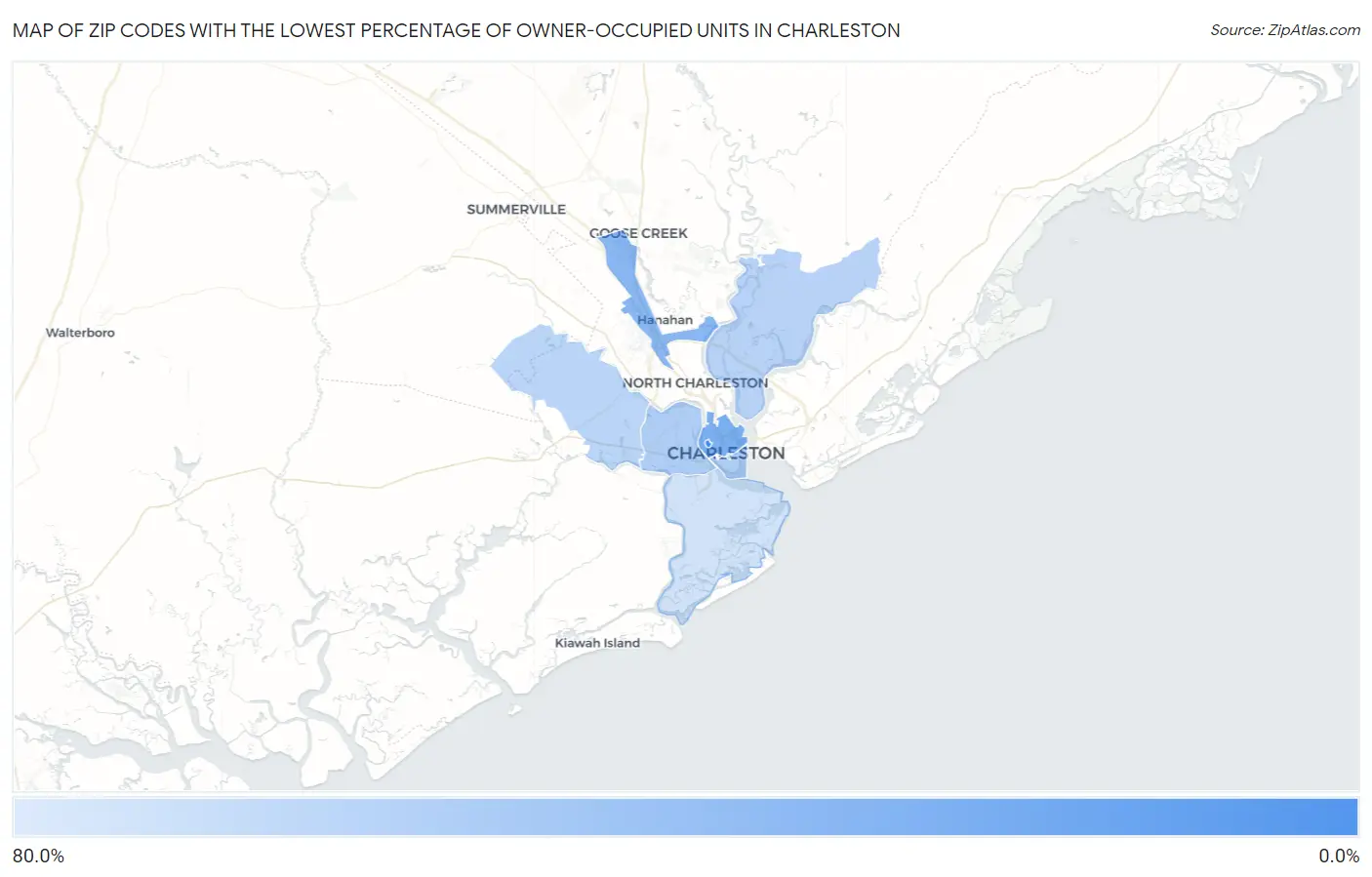 Zip Codes with the Lowest Percentage of Owner-Occupied Units in Charleston Map