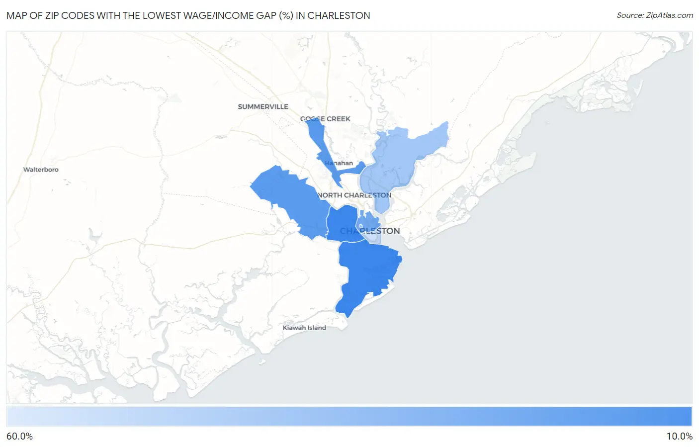 Zip Codes with the Lowest Wage/Income Gap (%) in Charleston Map