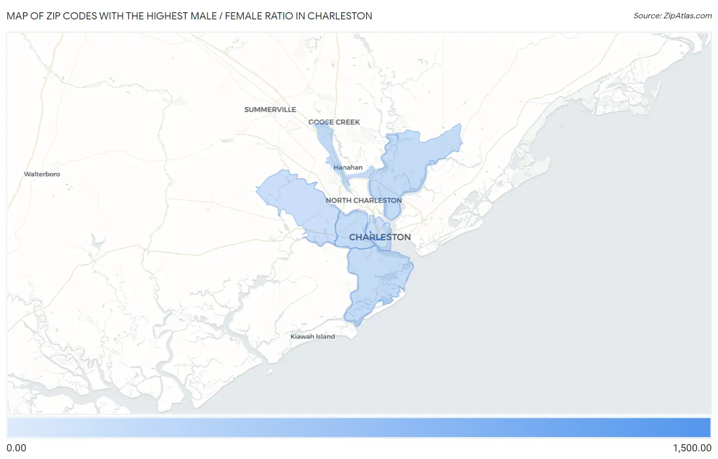 Zip Codes with the Highest Male / Female Ratio in Charleston Map