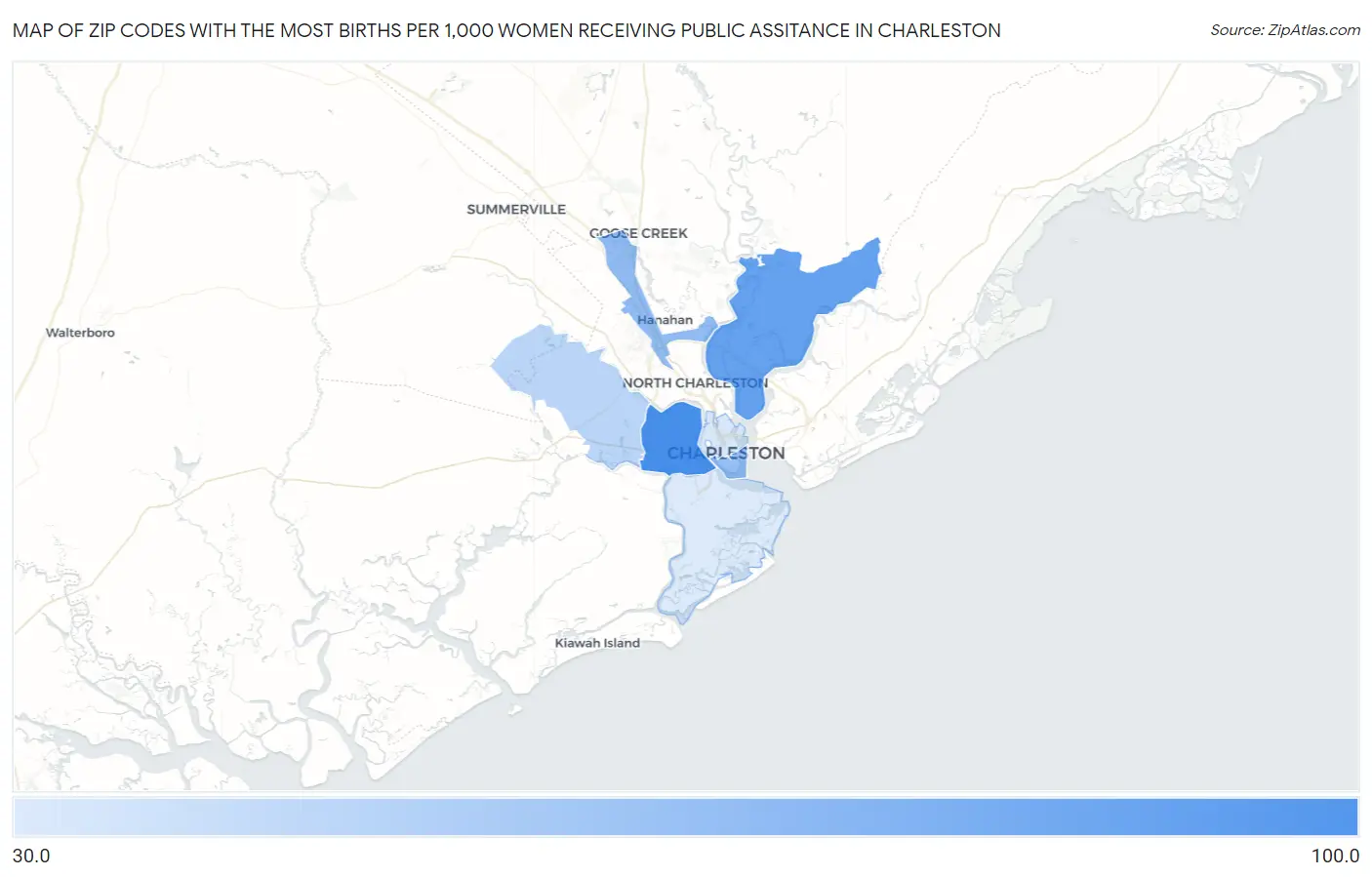Zip Codes with the Most Births per 1,000 Women Receiving Public Assitance in Charleston Map
