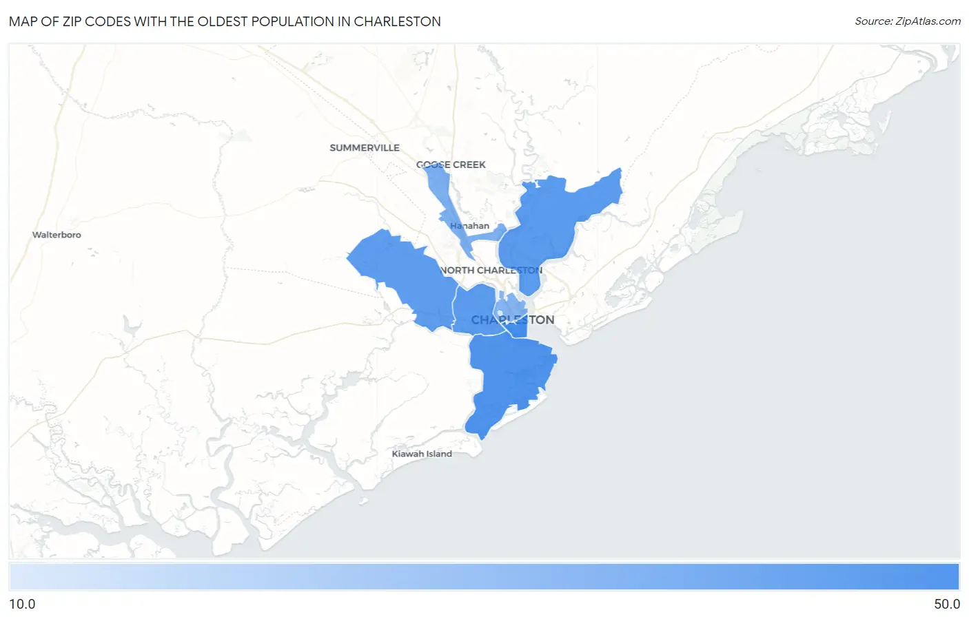 Zip Codes with the Oldest Population in Charleston Map