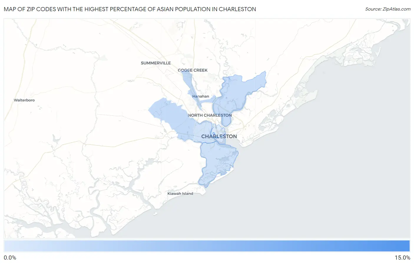 Zip Codes with the Highest Percentage of Asian Population in Charleston Map