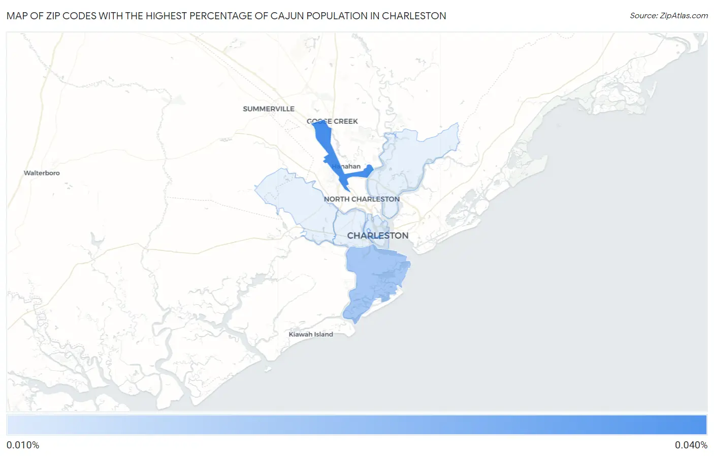 Zip Codes with the Highest Percentage of Cajun Population in Charleston Map