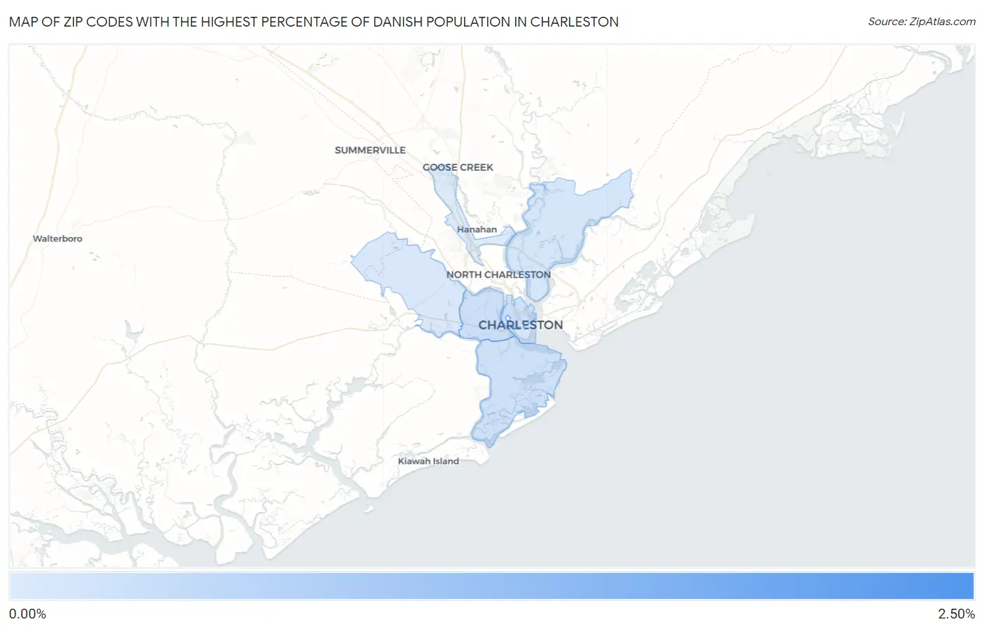 Zip Codes with the Highest Percentage of Danish Population in Charleston Map